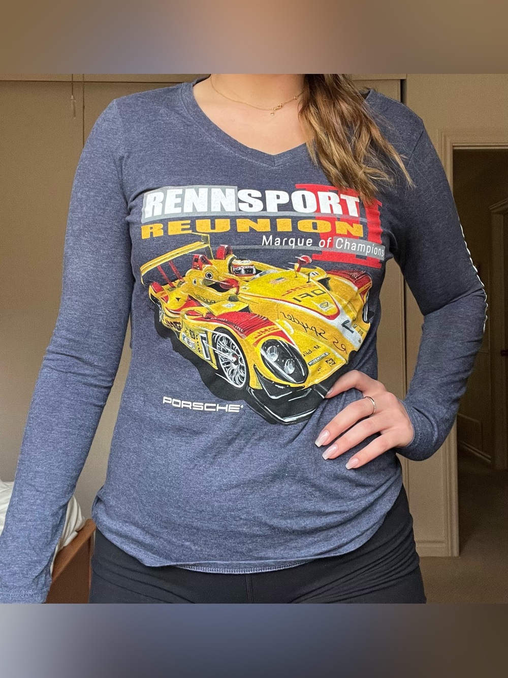 Porsche Design Rennsport Reunion Graphic Long Sleeve Tee - Navy with Yellow